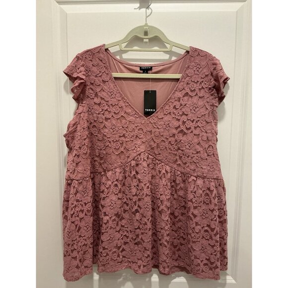 Torrid Top Size 1X (14-16) Stretch Lace VNeck Ruffle Babydoll Rose Pink NWT - Picture 1 of 9